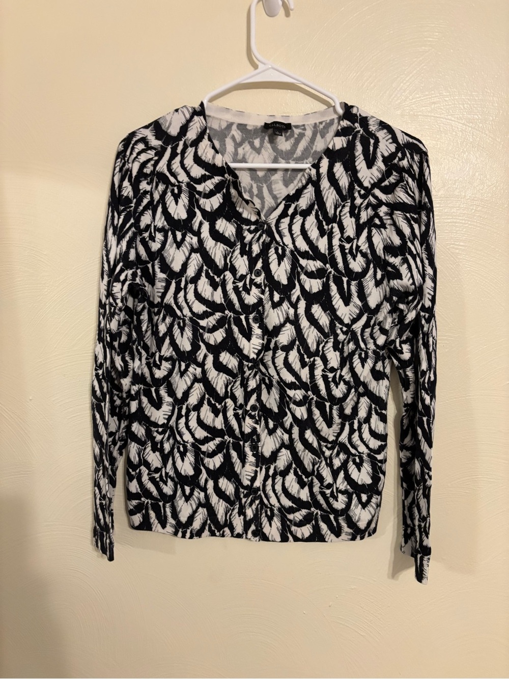 Talbots Women’s Large Black White Floral Button Front Cardigan Cotton Rayon
